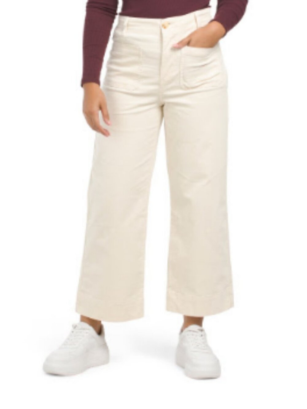 Avec Les Filles Cream Fine-Ribbed Corduroy Wide Leg Pants-Front Patch Pockets!